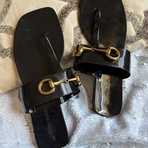 NEW Jeffrey Campbell Black Patent Slide Sandals with Gold Horsebit